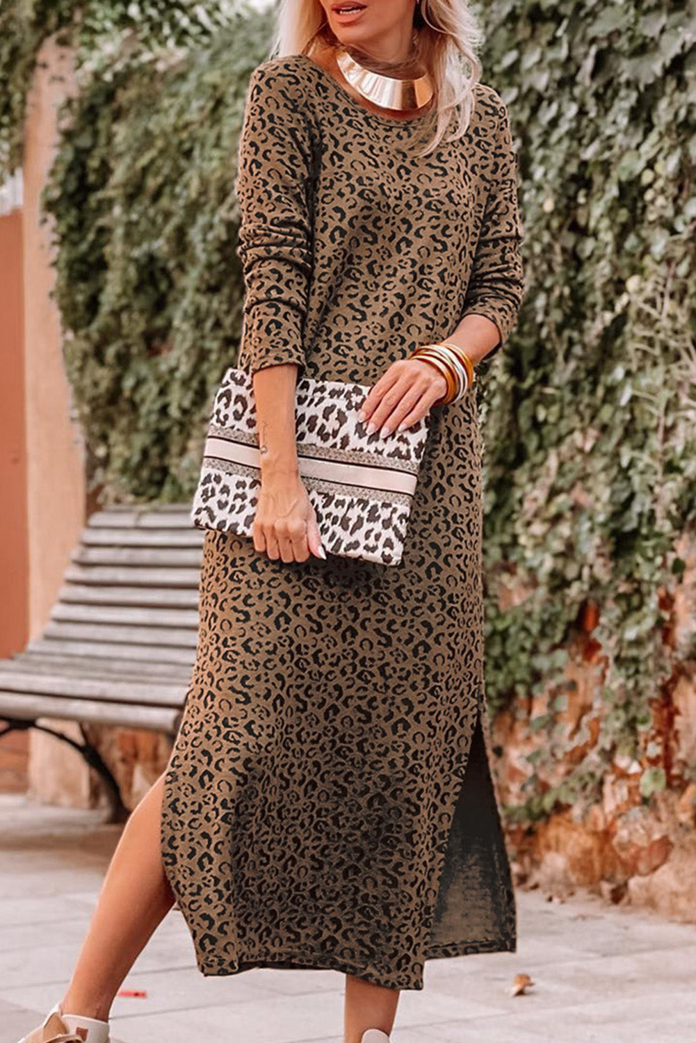 Honeybee Mumford's Round Neck Leopard Long Sleeve Slit Dress