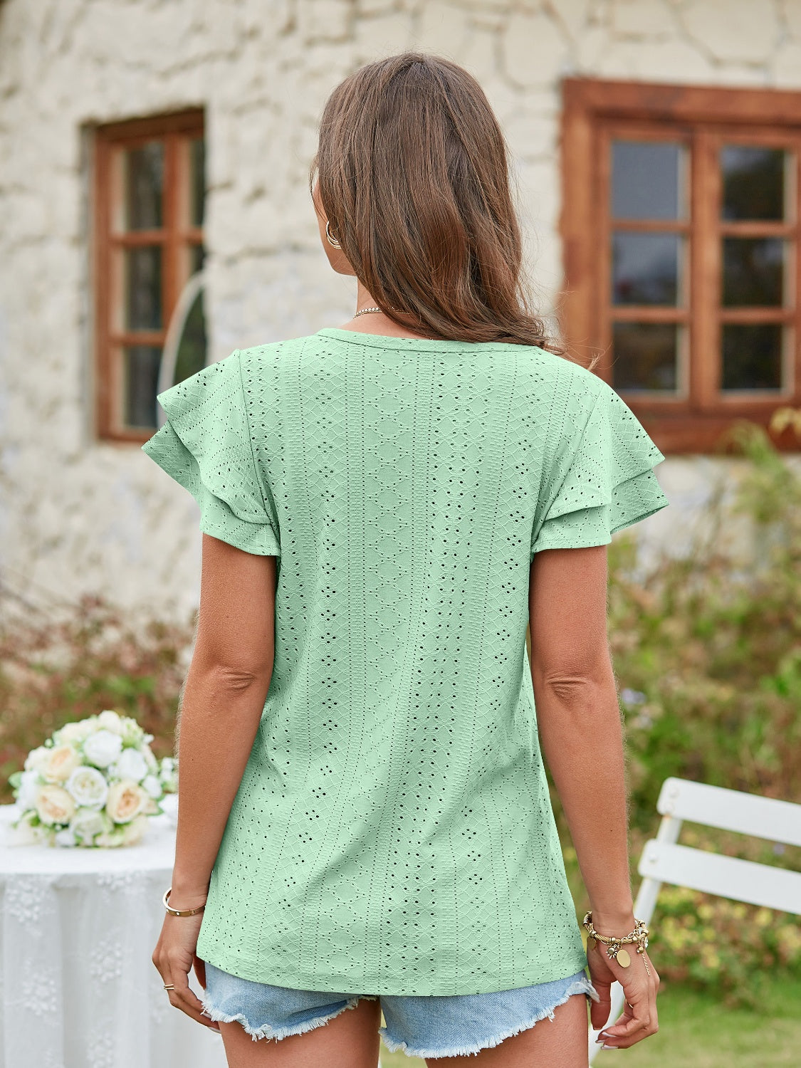 Honeybee Mumford's Eyelet V-Neck Short Sleeve Blouse