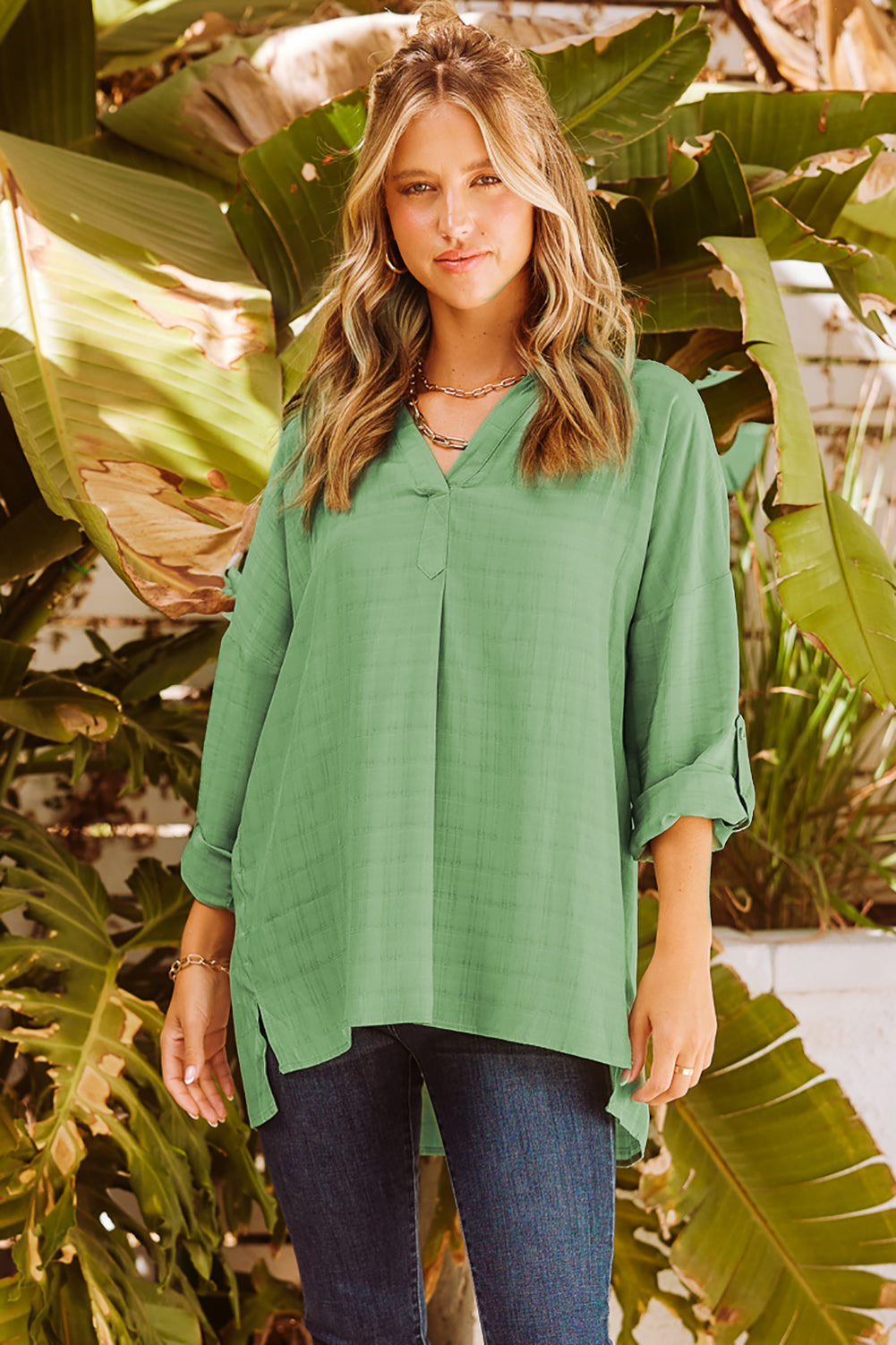 Honeybee Mumford's Notched Roll-Tab Sleeve Blouse