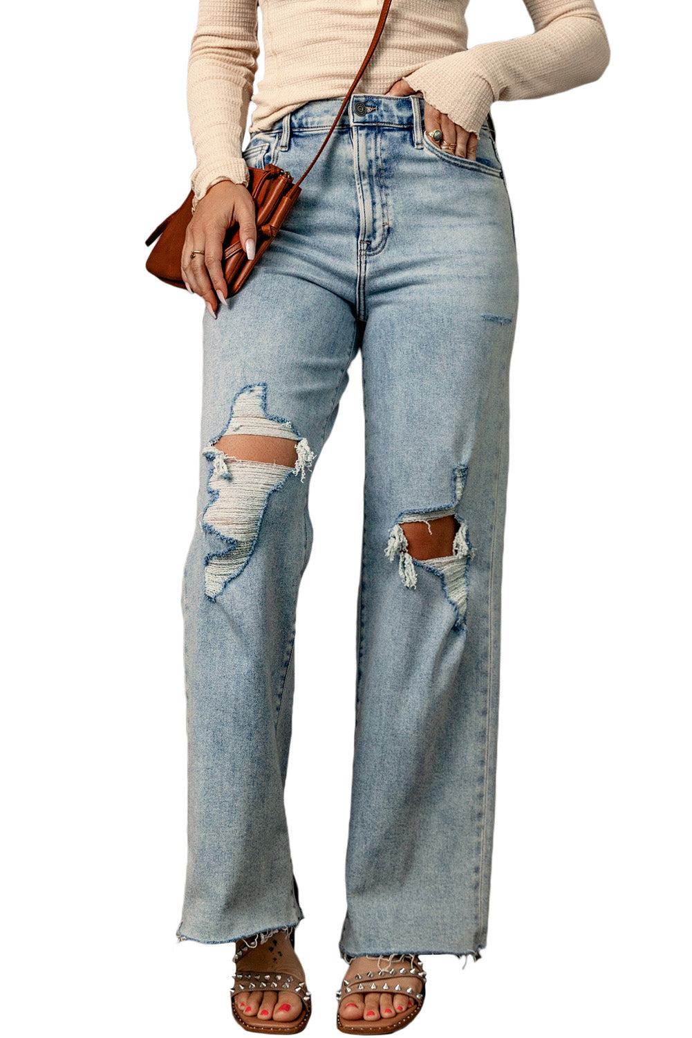 Honeybee Mumford's Sky Blue Distressed Frayed Hem Holed Straight Leg Loose Jeans