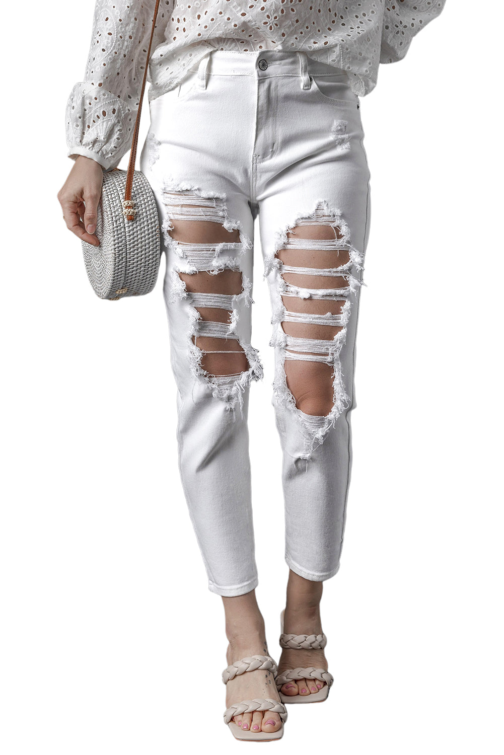 Honeybee Mumford's White Distressed Ripped Holes High Waist Skinny Jeans