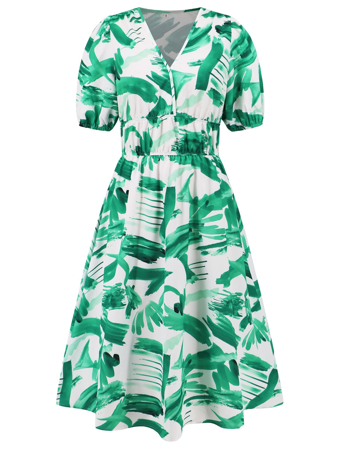 Honeybee Mumford's Ruched Printed Surplice Short Sleeve Dress