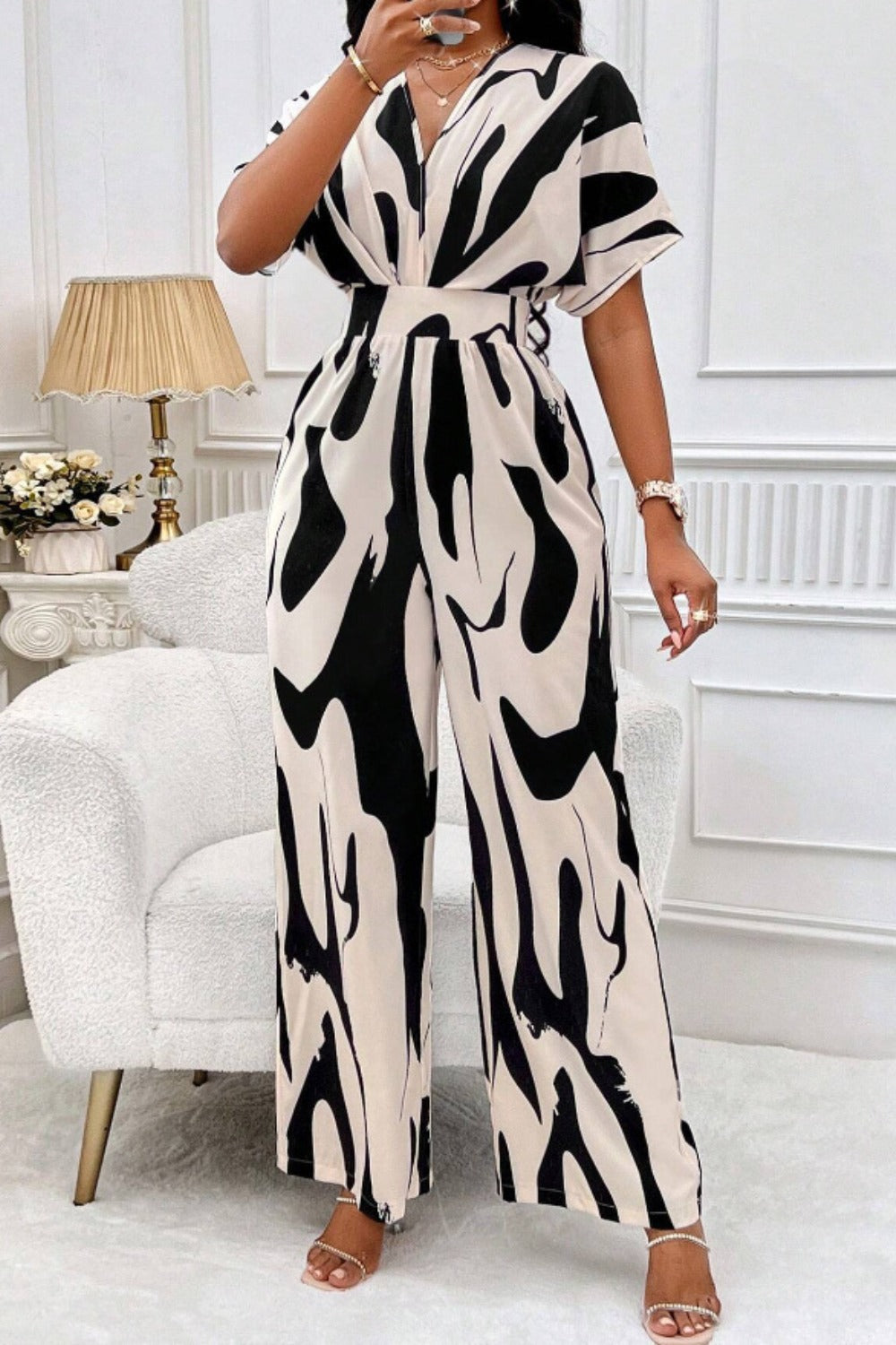 Honeybee Mumford's Printed V-Neck Short Sleeve Wide Leg Jumpsuit