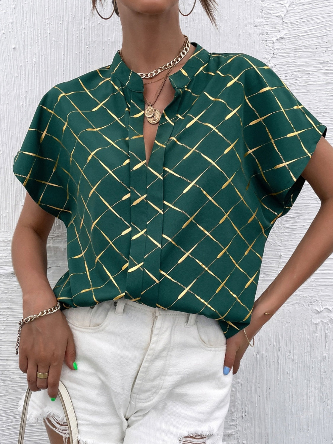 Honeybee Mumford's Printed Notched Short Sleeve Blouse