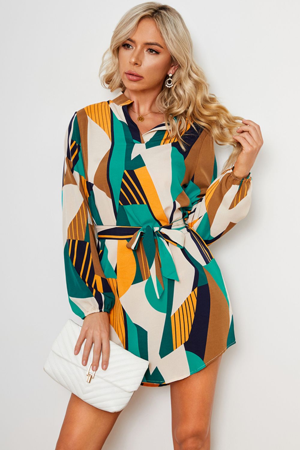 Honeybee Mumford's Geometric Print Belted Curved Hem Dress