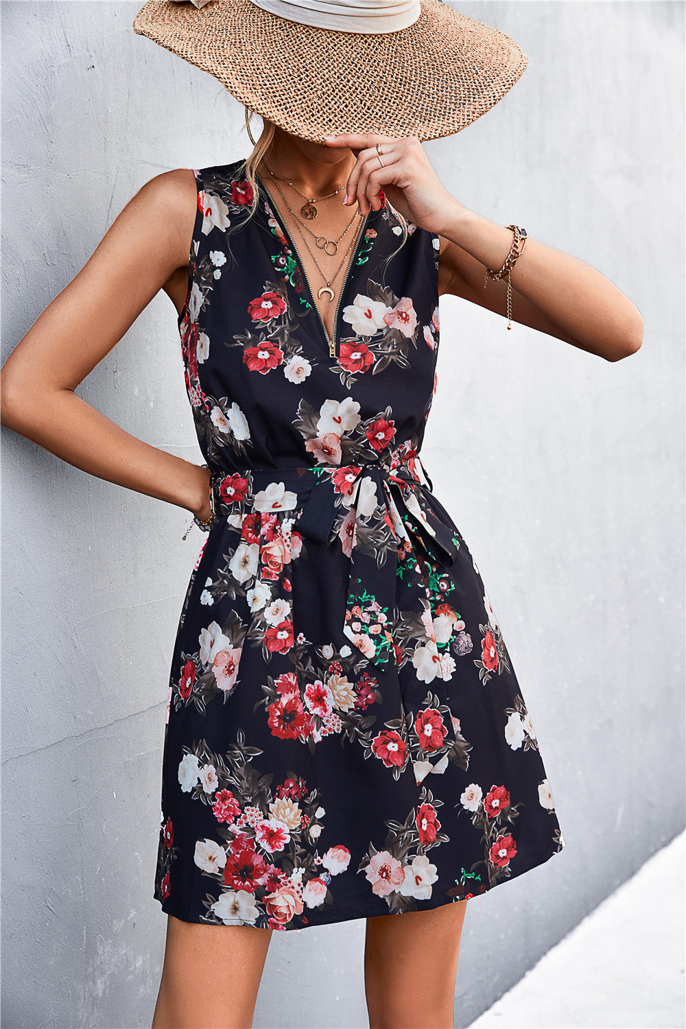 Honeybee Mumford's Printed Zip Detail Belted Sleeveless Dress