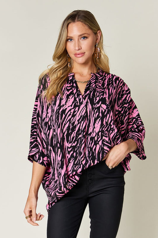 Honeybee Mumford's Full Size Printed Notched Three-Quarter Sleeve Blouse