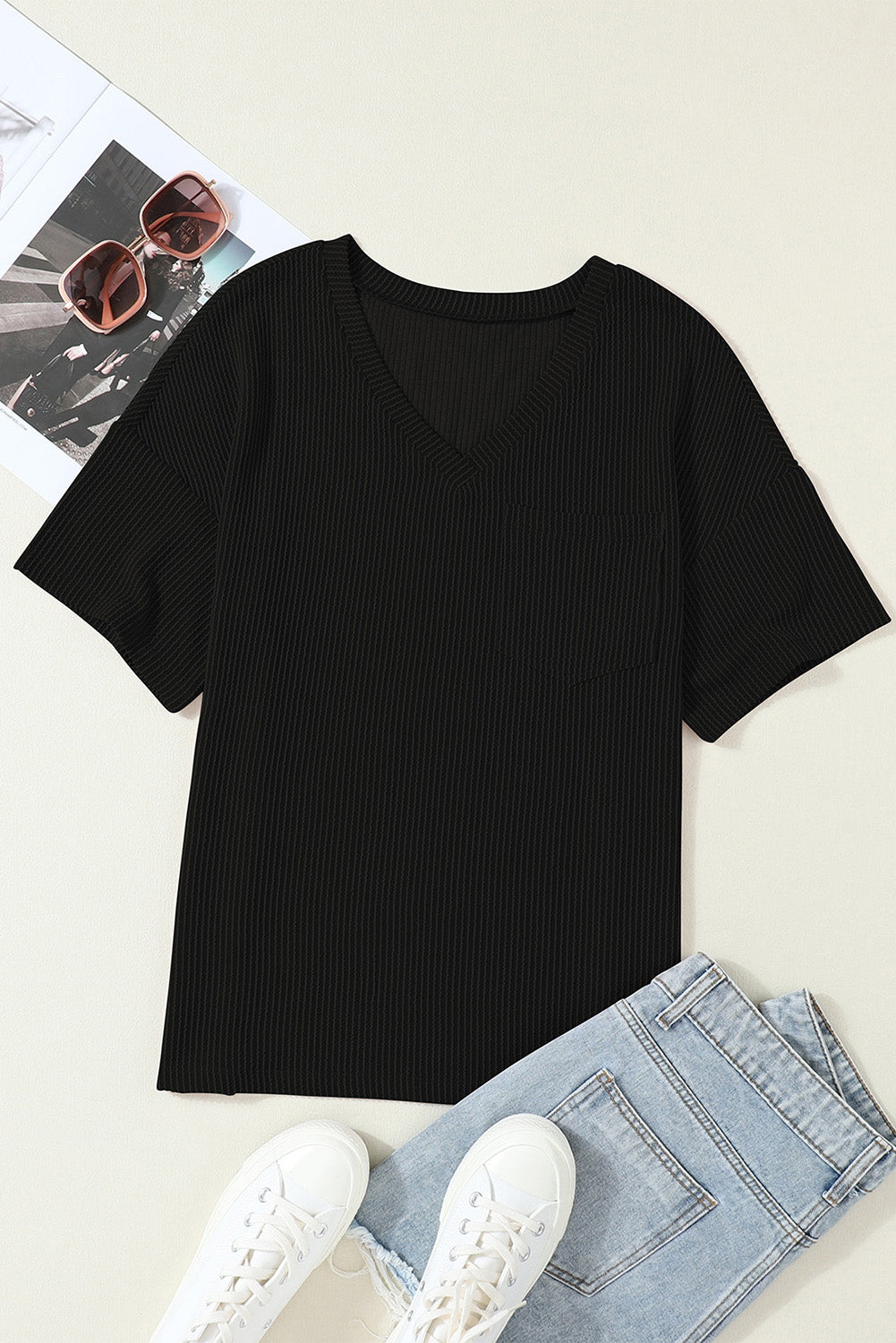 Honeybee Mumford's Black Corded V Neck Chest Pocket Loose T-shirt