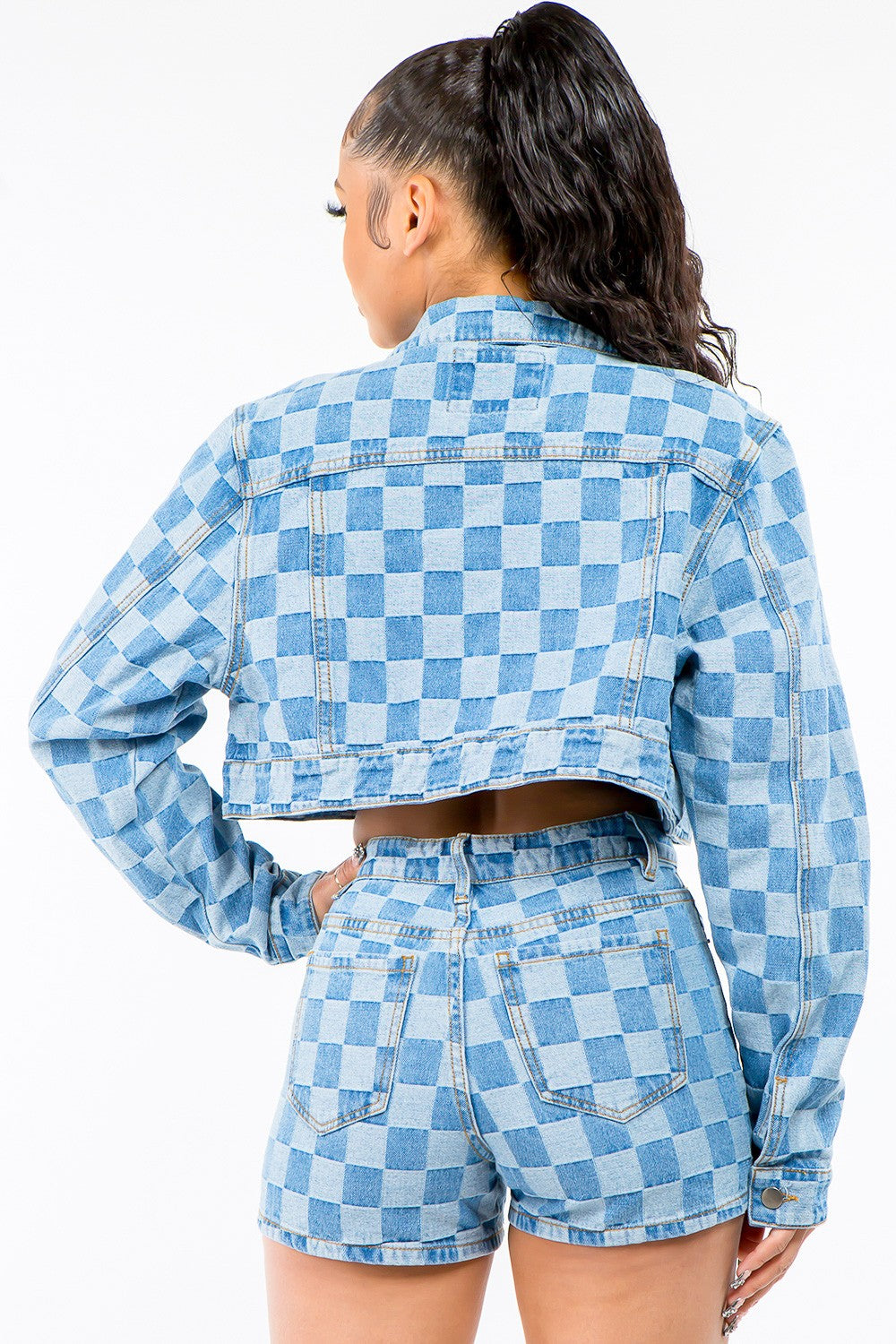 Honeybee Mumford's Checkered Long Sleeve Cropped Denim Jacket