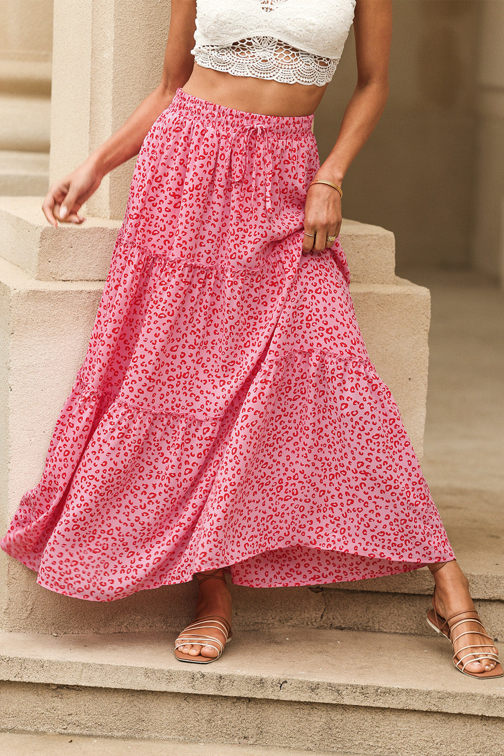 Honeybee Mumford's Pink Leopard Print Frilled Drawstring High Waist Maxi Skirt