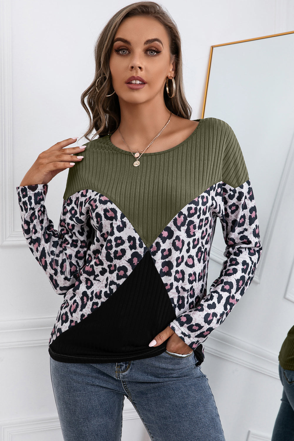 Honeybee Mumford's Leopard Patch Color Block Ribbed Top