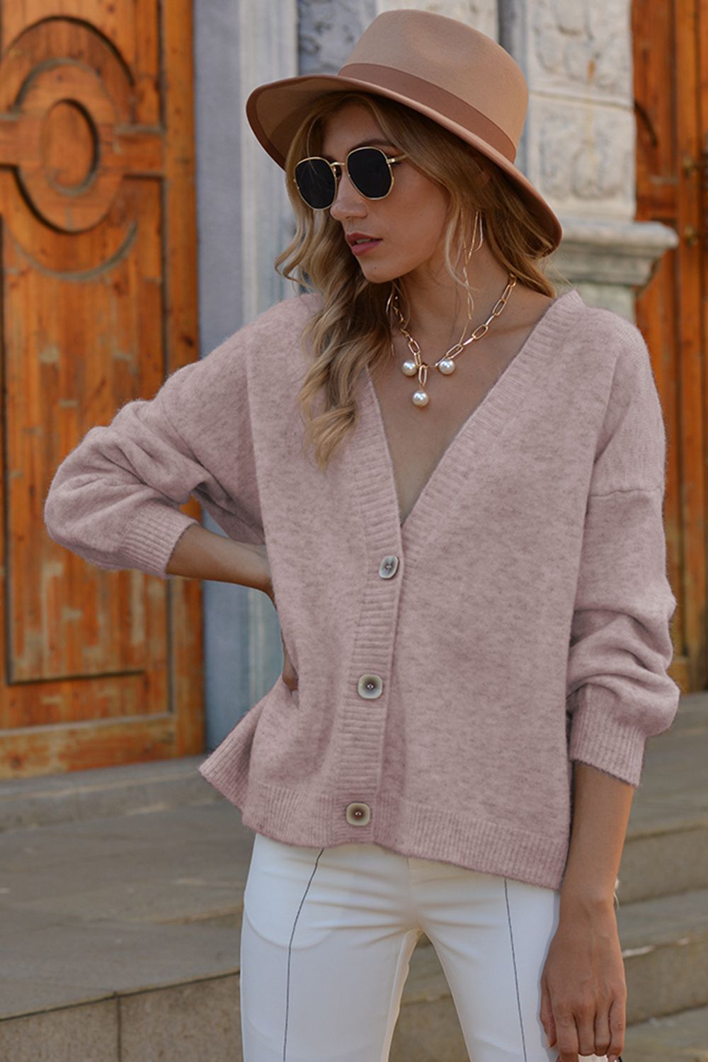 Honeybee Mumford's V-Neck Button-Down Dropped Shoulder Cardigan