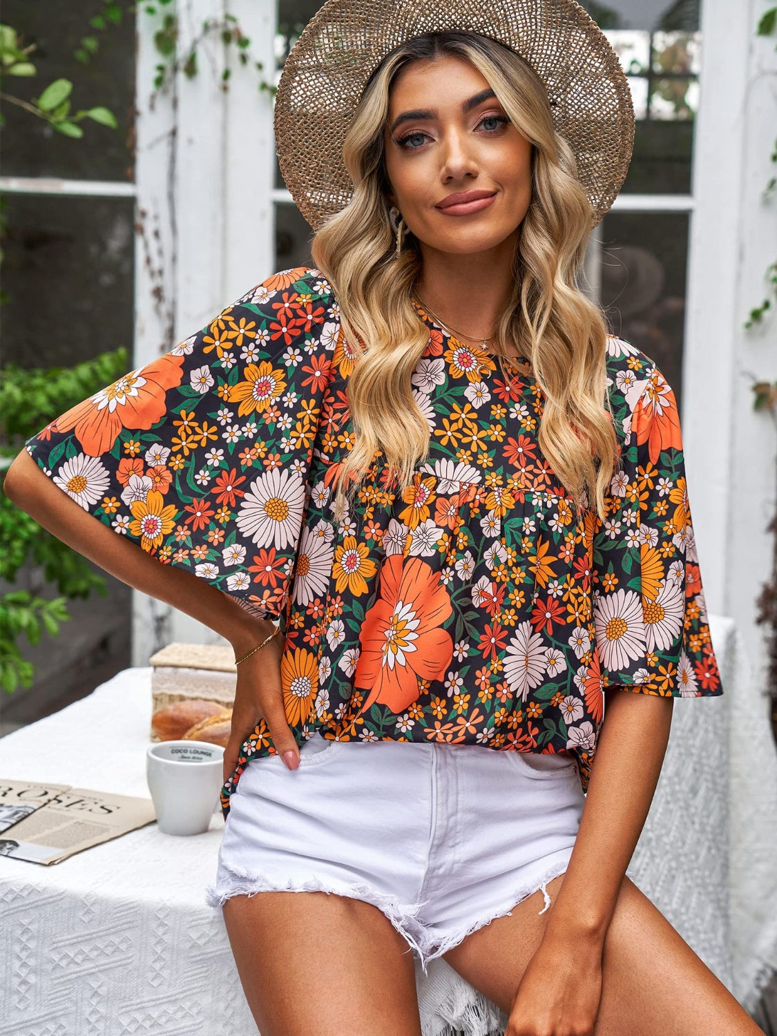 Honeybee Mumford's Printed Round Neck Half Sleeve Blouse