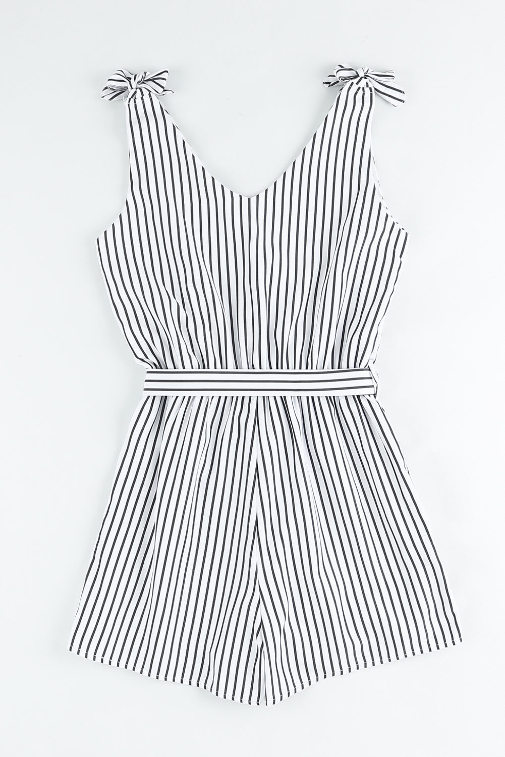 Honeybee Mumford's White Striped Print Wrap Sleeveless Romper