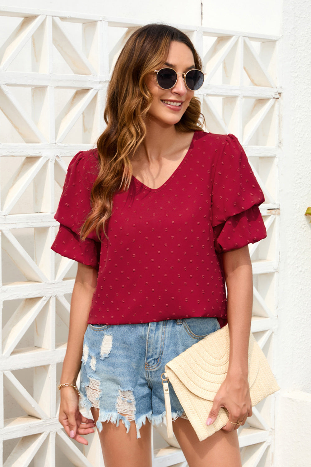 Honeybee Mumford's Swiss Dot V-Neck Short Sleeve Blouse