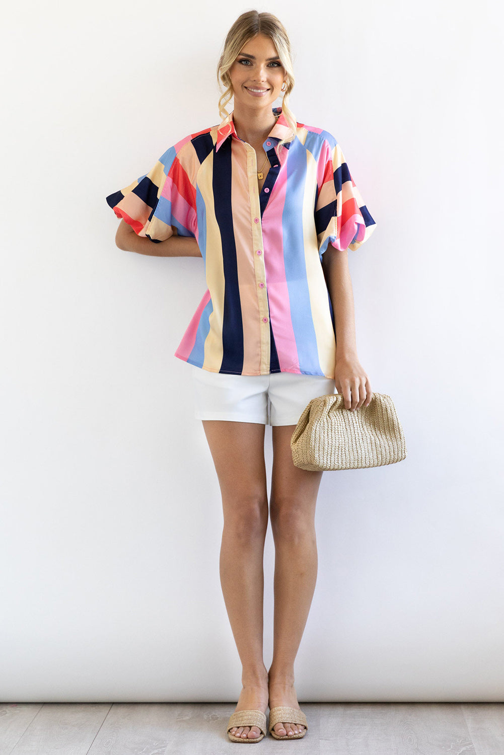 honeybee Mumford's Multicolor Color Block Striped Puff Sleeve Buttoned Shirt