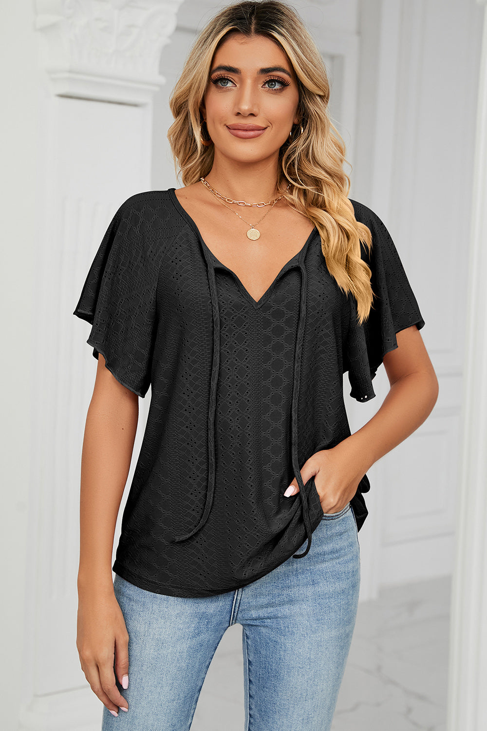 Honeybee Mumford's Eyelet Tie Neck Flutter Sleeve Blouse