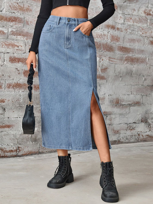 Honeybee Mumford's Slit High Waist Denim Skirt with Pockets