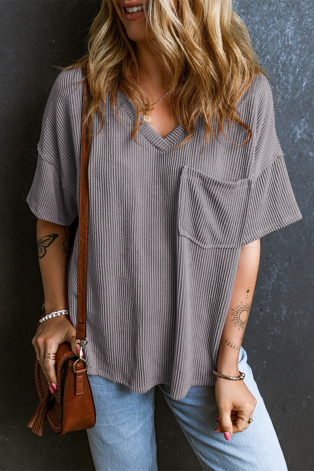 Honeybee Mumford's Light Grey Corded V Neck Chest Pocket Loose T-shirt