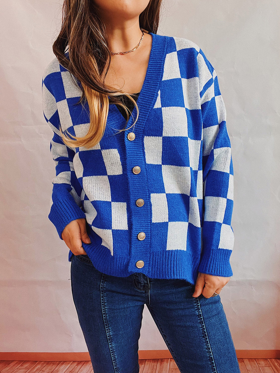 Honeybee Mumford's Checkered Open Front Button Up Cardigan