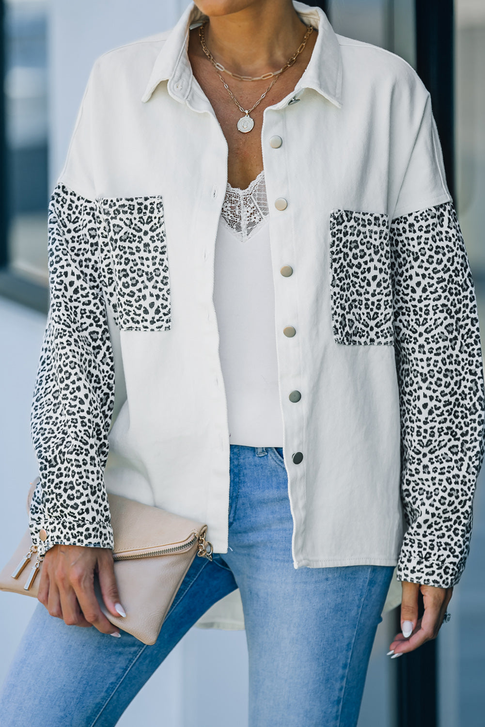 Honeybee Mumford's White Contrast Leopard Denim Jacket