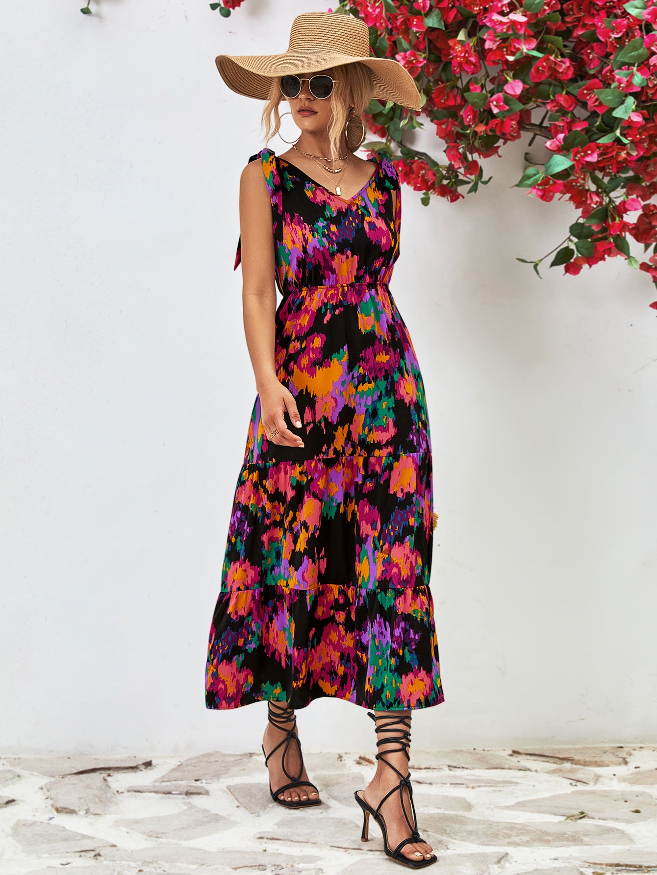 Honeybee Mumford's Multicolored V-Neck Backless Midi Dress