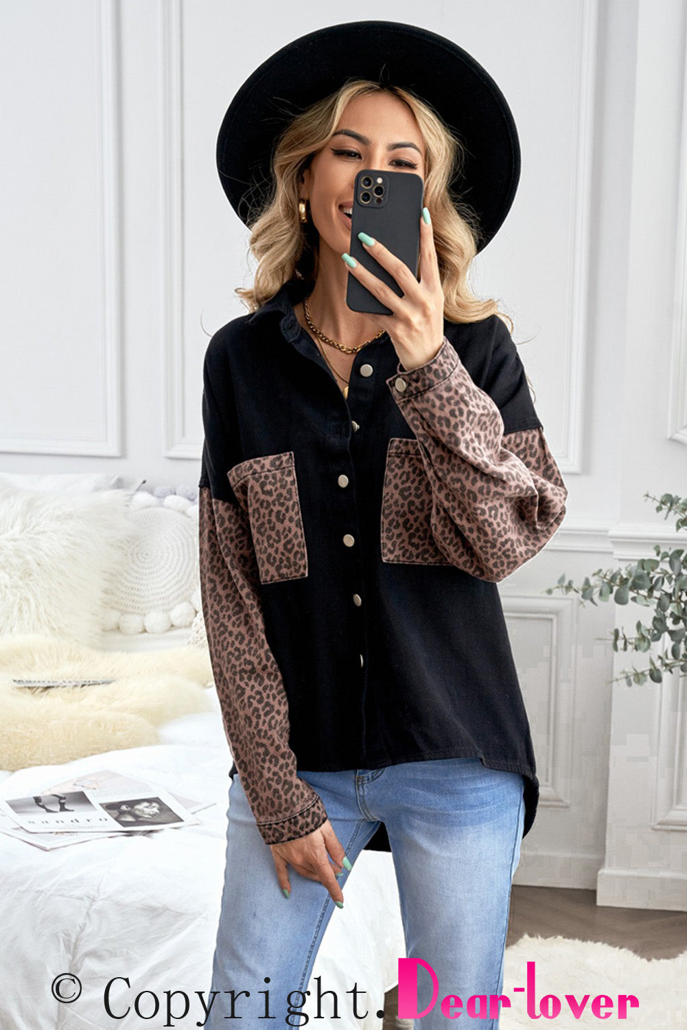 Honeybee Mumford's Black Contrast Leopard Denim Jacket