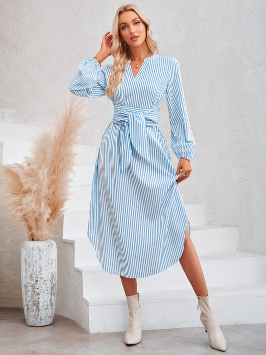 Honeybee Mumford's Striped Notched Neck Curved Hem Long Sleeve Dress