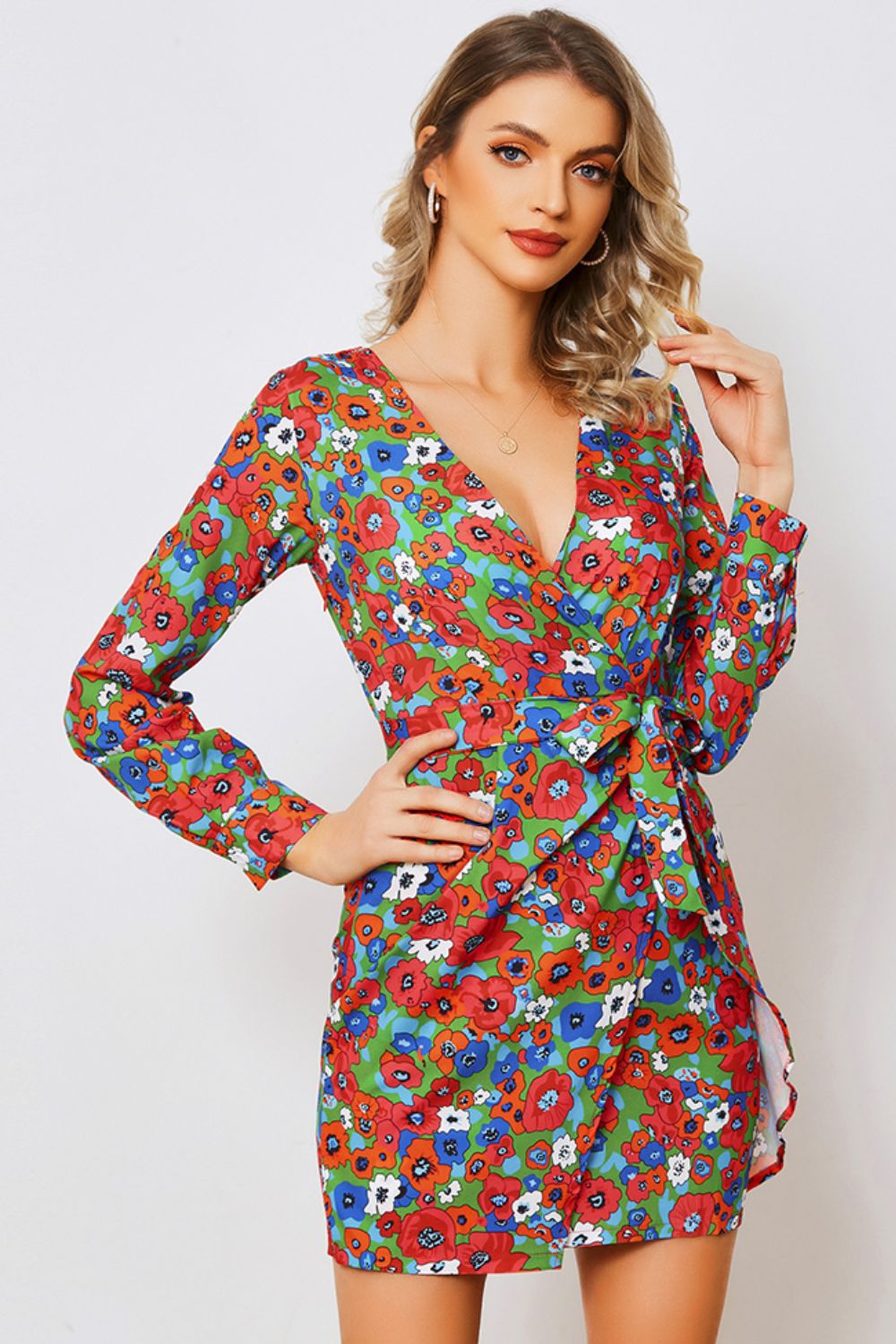 Honeybee Mumford's Floral Tied Long Sleeve Plunge Dress