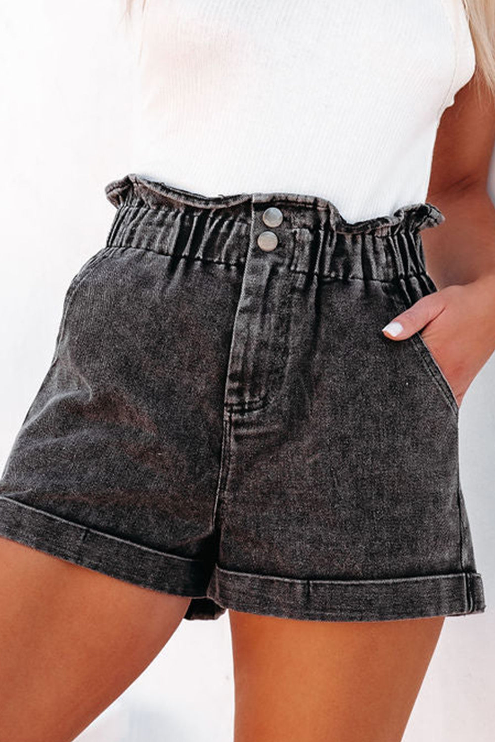 Honeybee Mumford's Black Vintage Washed Frilled High Waist Denim Shorts