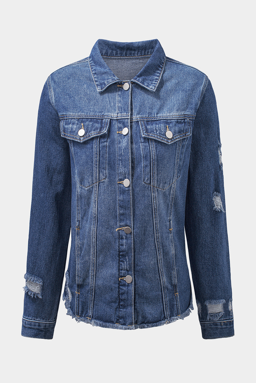 Honeybee Mumford's Blue Lapel Distressed Raw Hem Buttons Denim Jacket