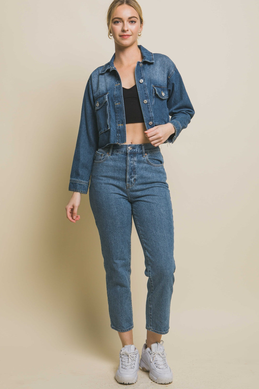 Honeybee Mumford's Love Tree Raw Hem Button Up Cropped Denim Jacket