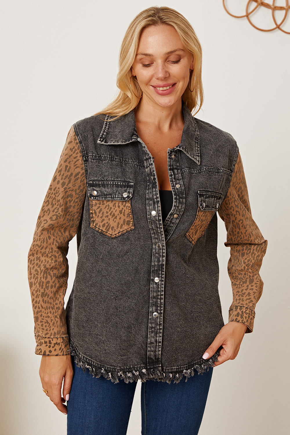 Honeybee Mumford's Leopard Raw Hem Pocketed Denim Jacket