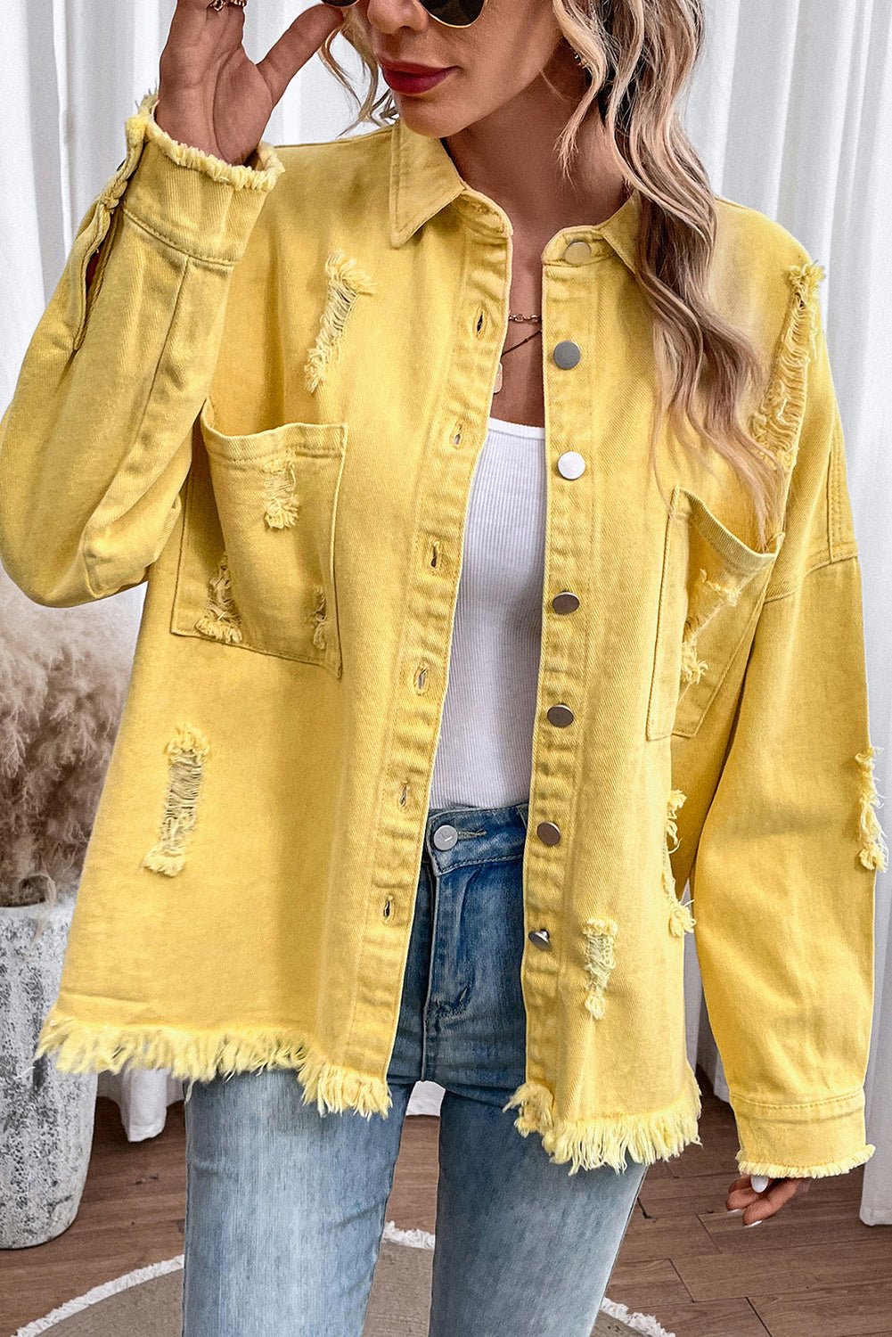 Honeybee Mumford's Distressed Button Up Raw Hem Denim Jacket