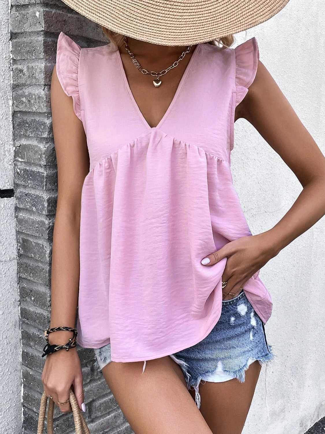 Honeybee Mumford's Ruffled V-Neck Cap Sleeve Blouse