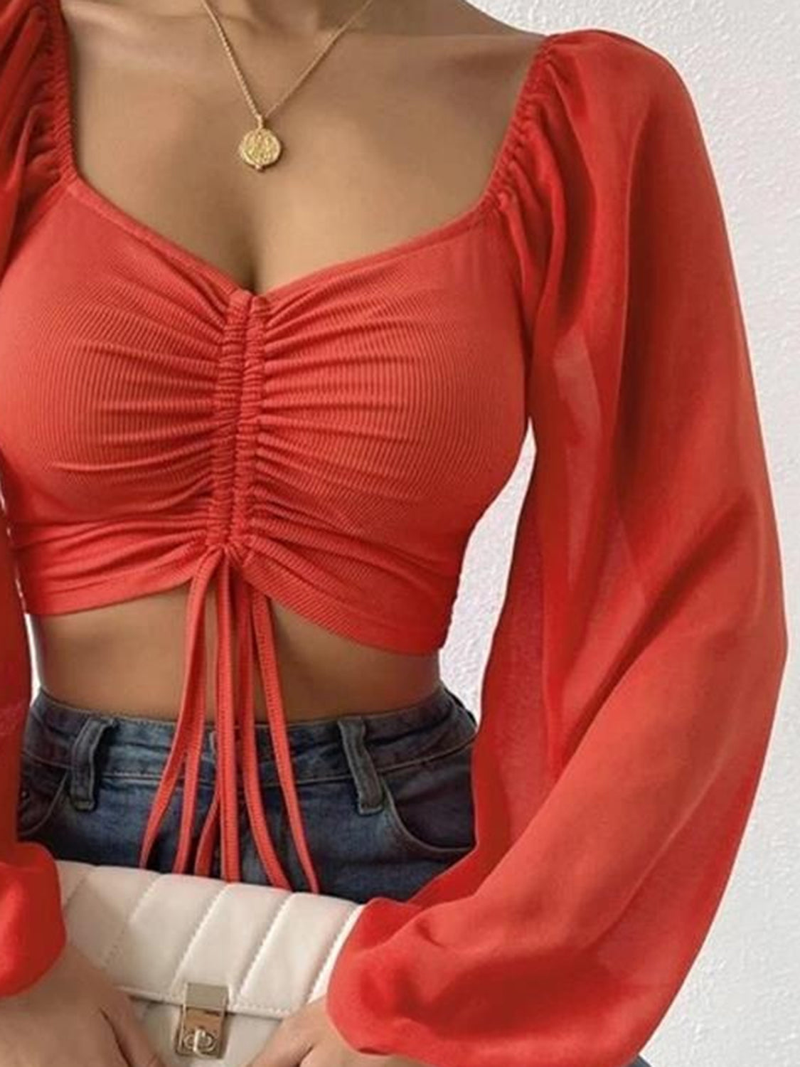 Honeybee Mumford's Drawstring Sweetheart Neck Cropped Top