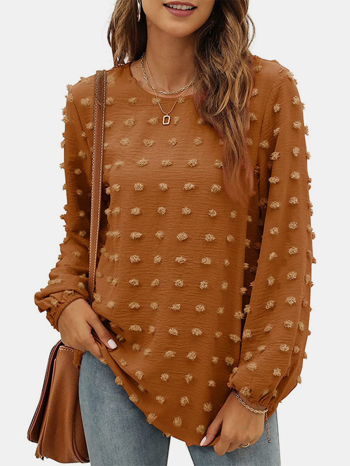 Honeybee Mumford's Swiss Dot Round Neck Long Sleeve Blouse