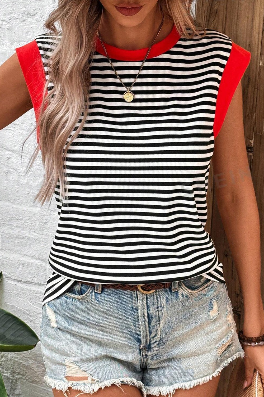 Honeybee Mumford's Striped Round Neck Cap Sleeve Top