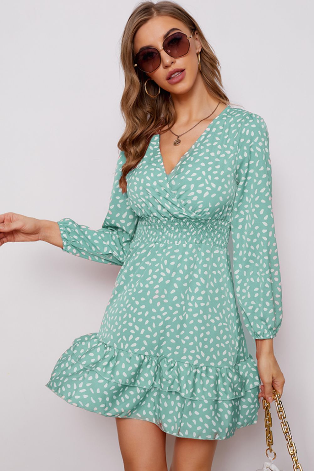 Honeybee Mumford's Surplice Neck Puff Sleeve Ruffle Hem Dress