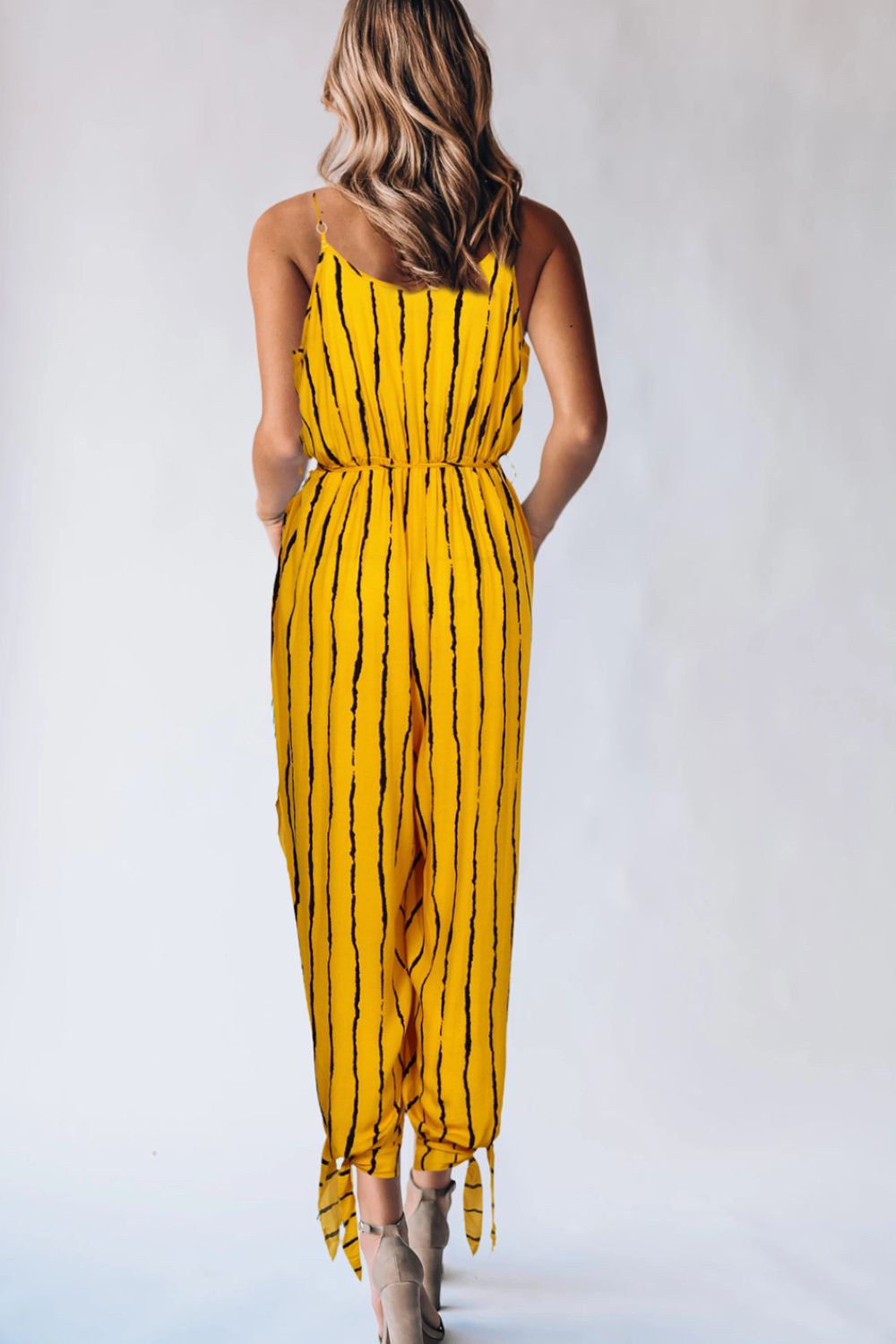 Honeybee Mumford's Striped Contrast Tie Ankle Spaghetti Strap Jumpsuit