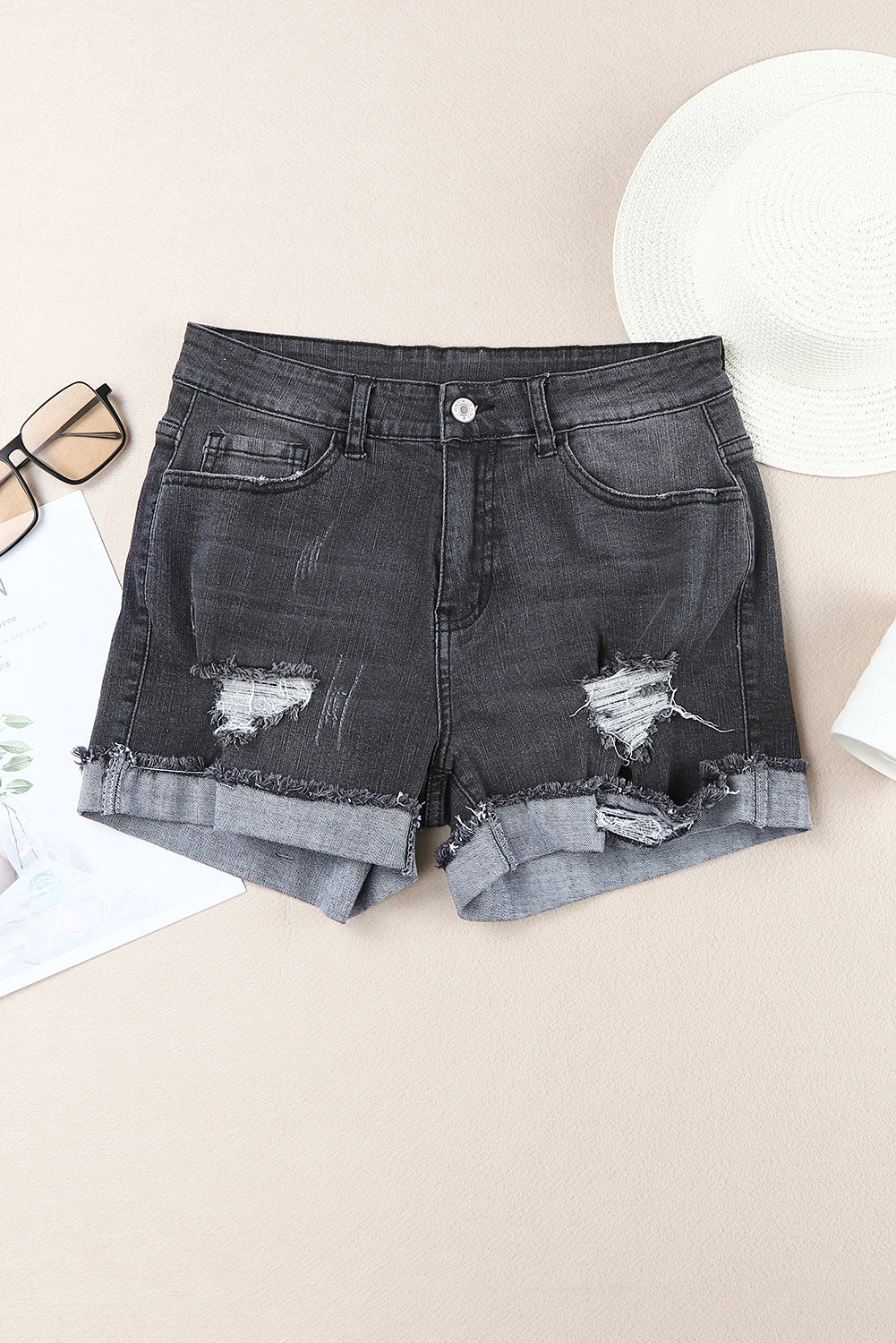 Honeybee Mumford's Distressed Ripped Rolled Hem Black Denim Shorts