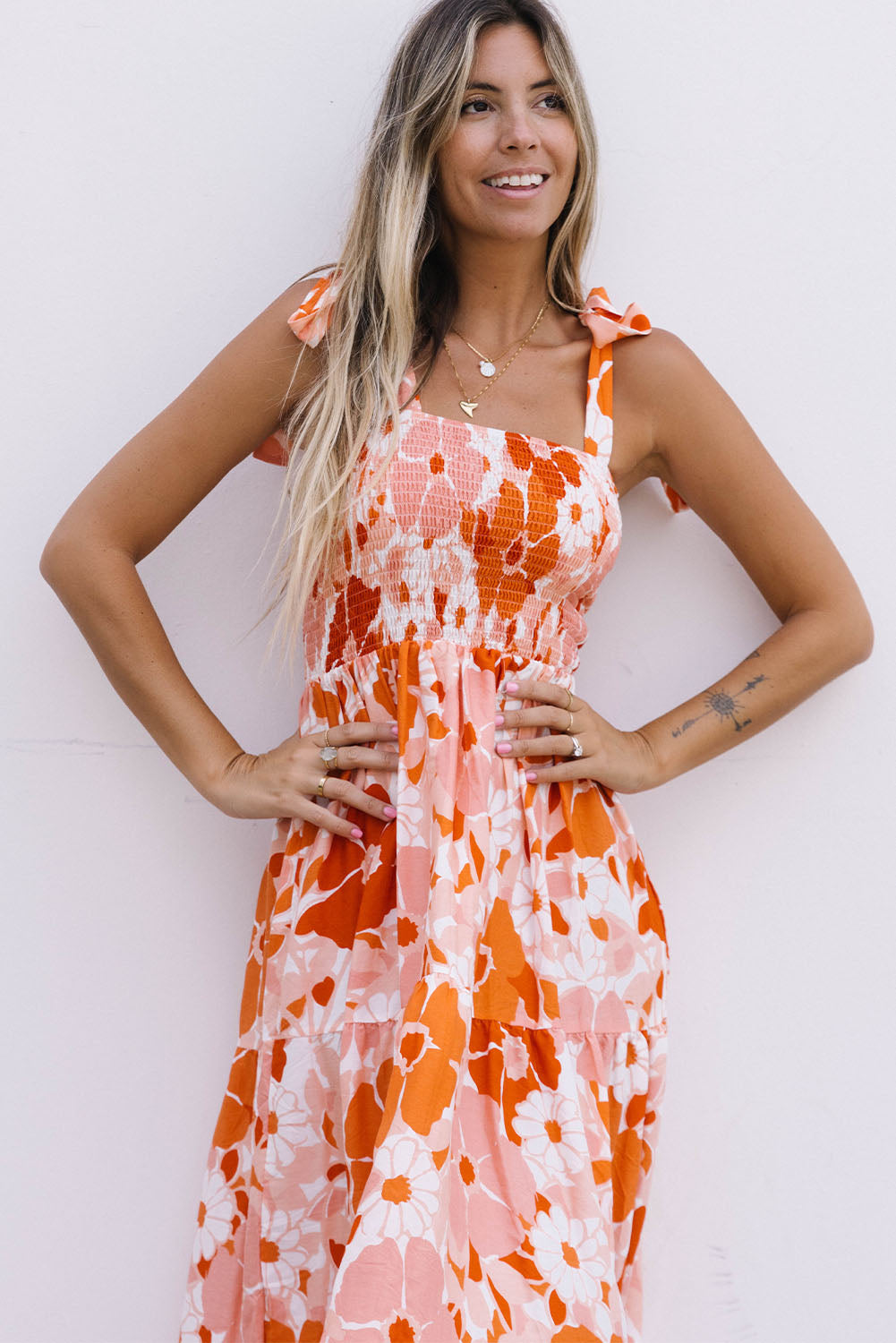 Honeybee Mumford's Floral Tie-Shoulder Smocked Maxi Dress