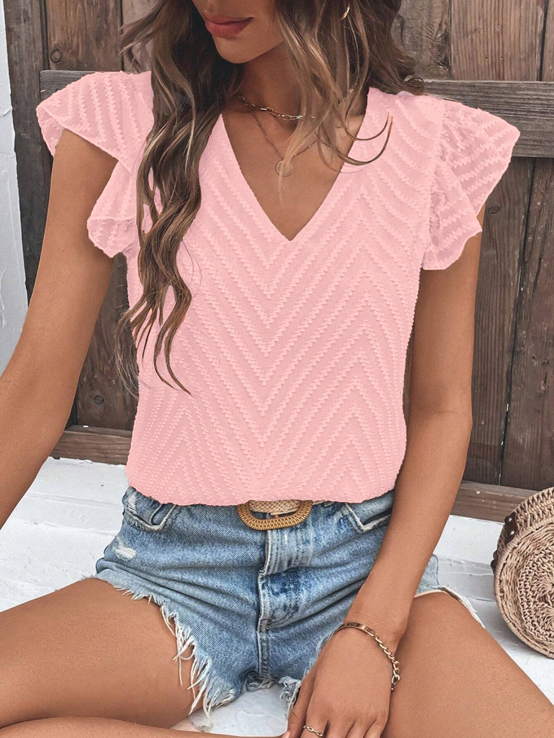 Honeybee Mumford's Textured V-Neck Cap Sleeve Blouse