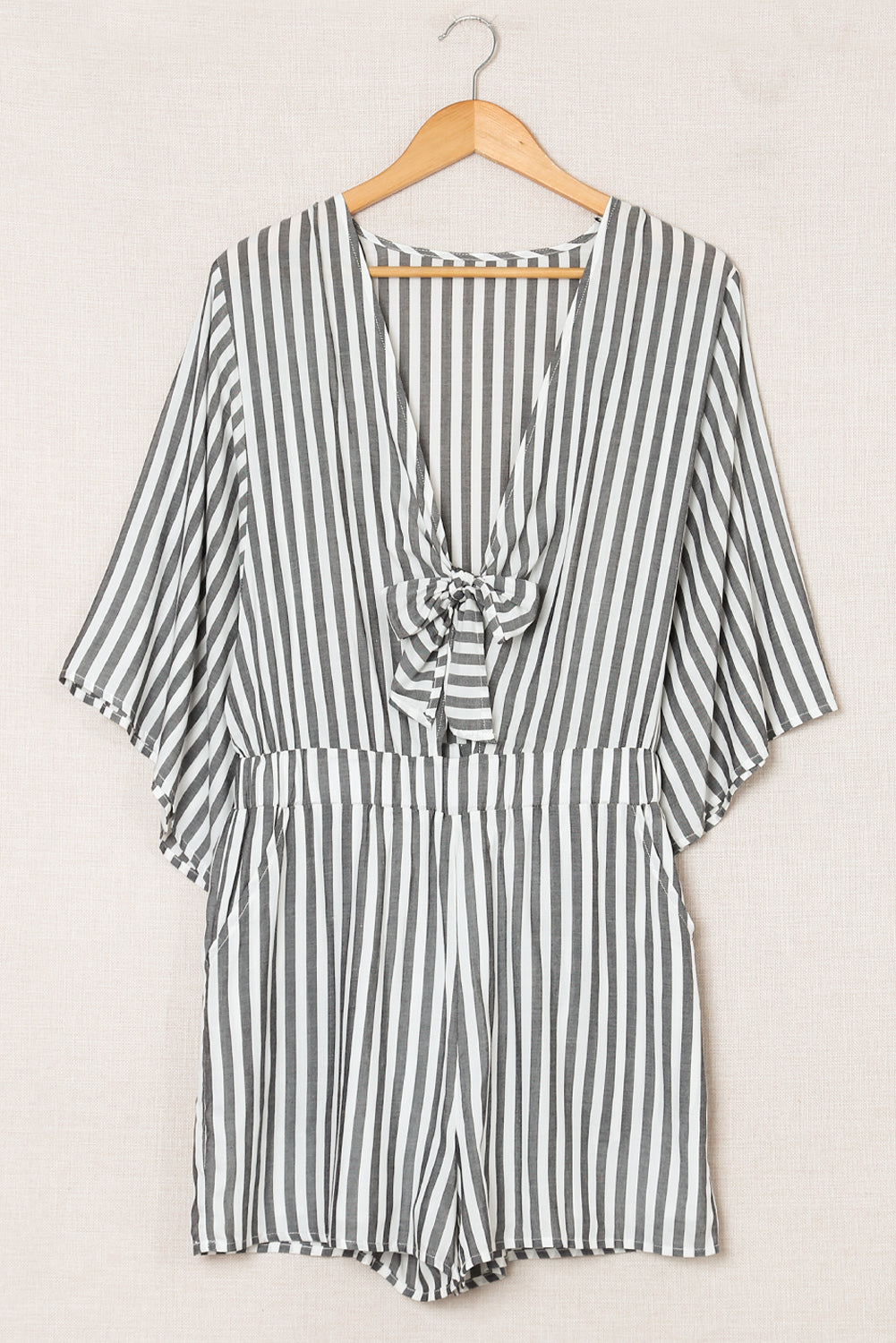 Honeybee Mumford's Gray 3/4 Wide Kimono Sleeves Tie Front Striped Romper with Pockets