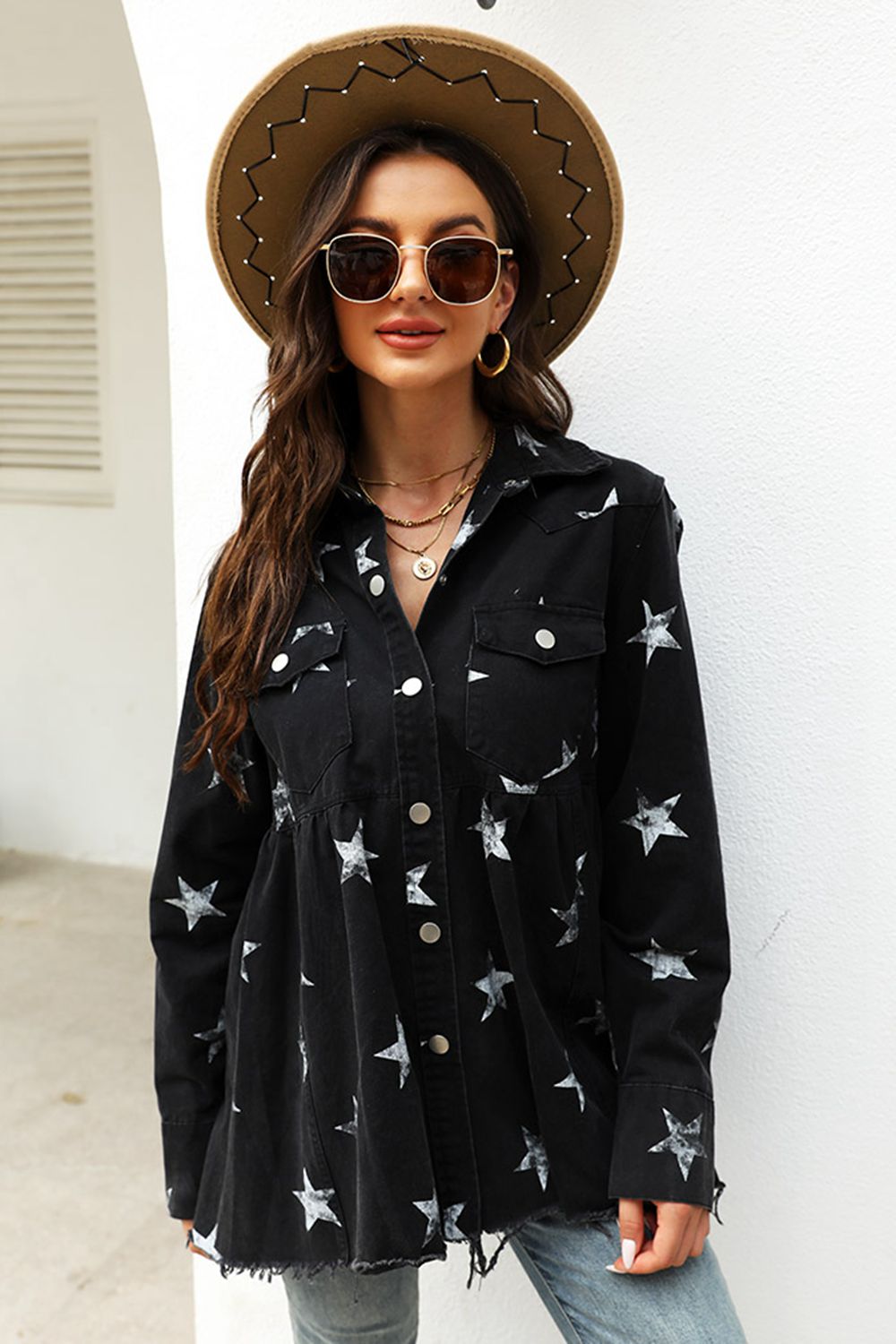 Honeybee Mumford's Collared Neck Star Print Long Sleeve Denim Jacket