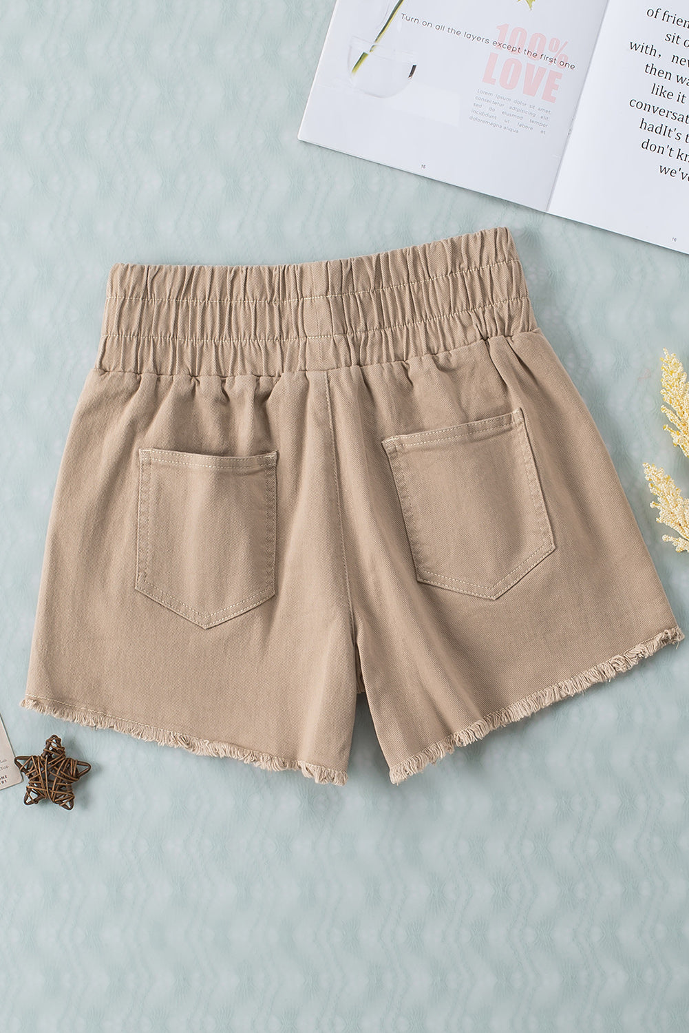 Honeybee Mumford's Khaki Smocked Elastic High Waist Casual Shorts