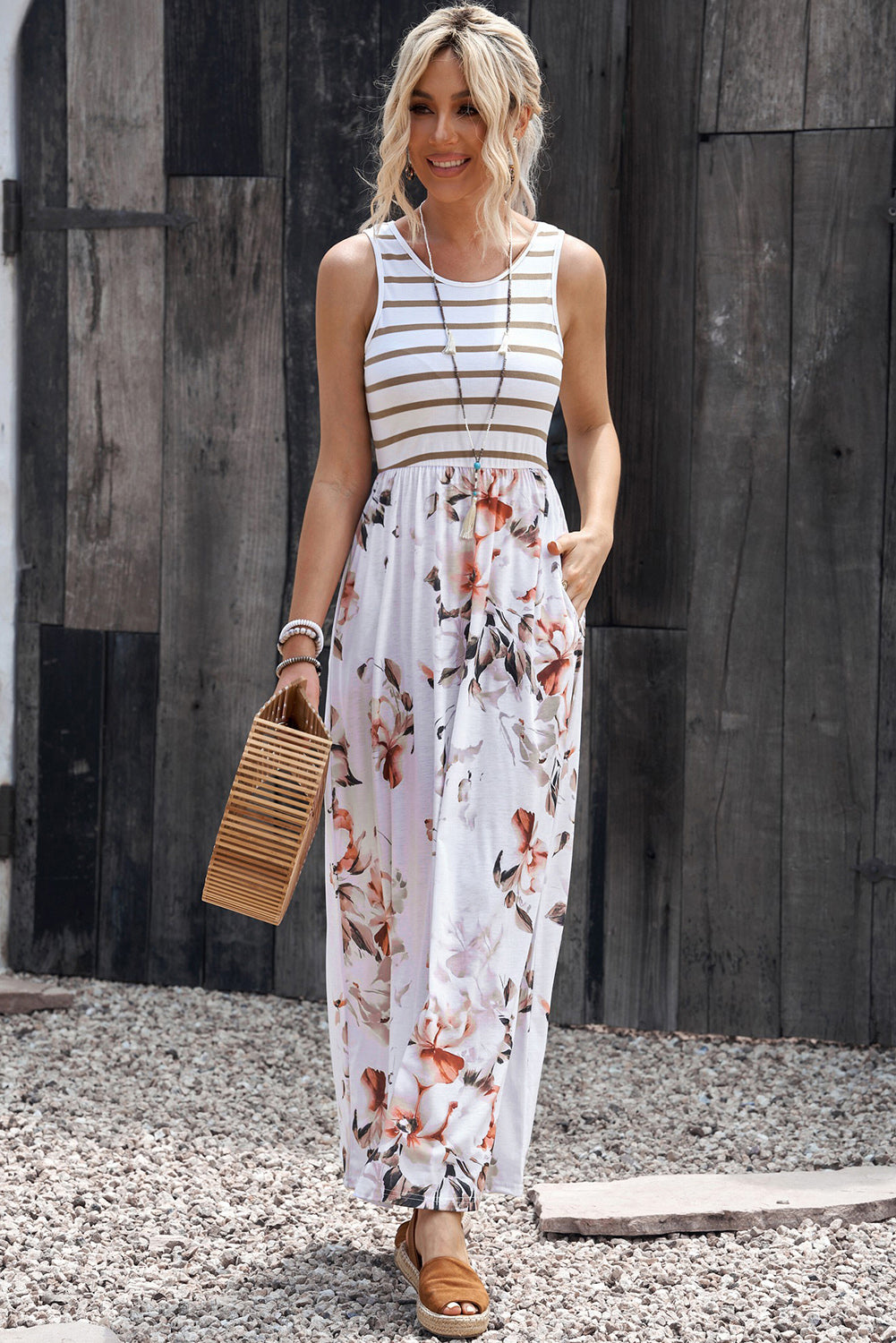 Honeybee Mumford's Striped Floral Round Neck Sleeveless Maxi Dress