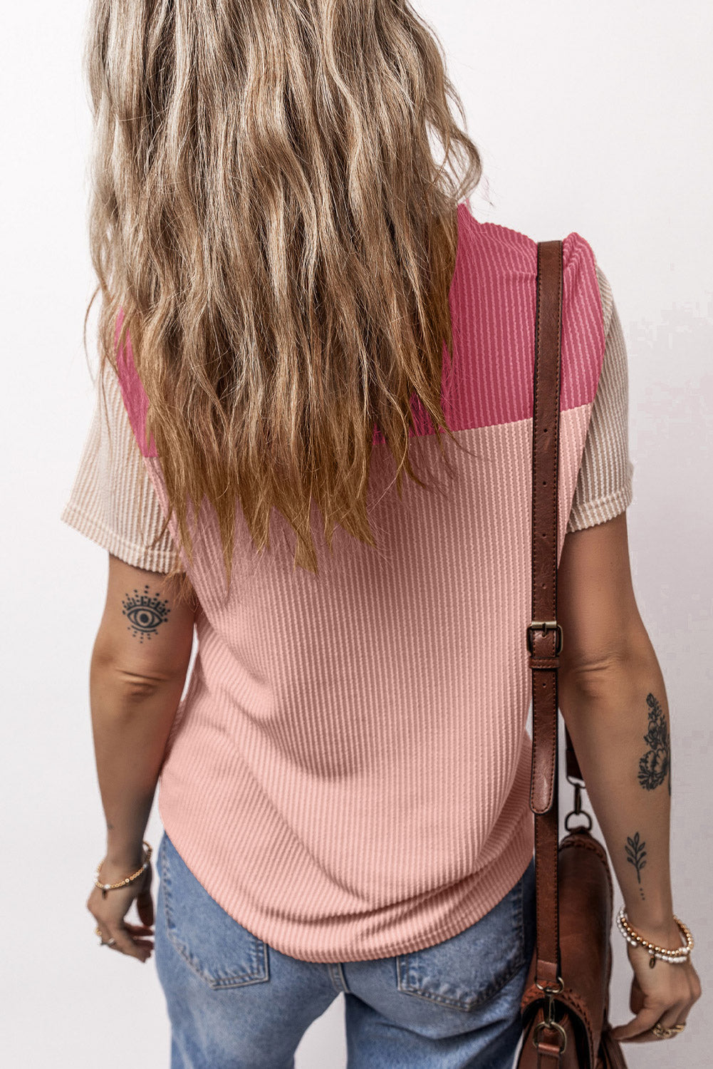 Honeybee Mumford's Pink Rib Textured Colorblock T Shirt