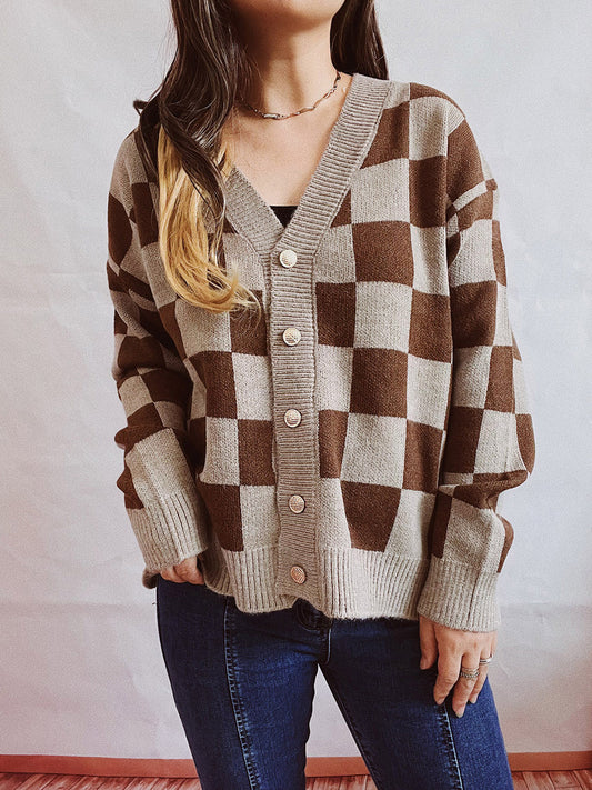 Honeybee Mumford's Checkered Open Front Button Up Cardigan