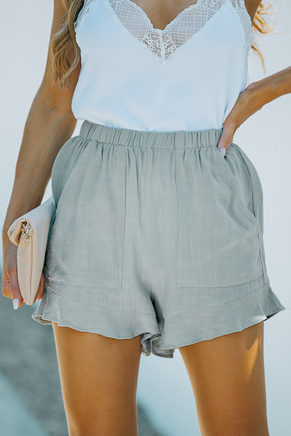 Honeybee Mumford's High Waist Pocketed Ruffle Shorts